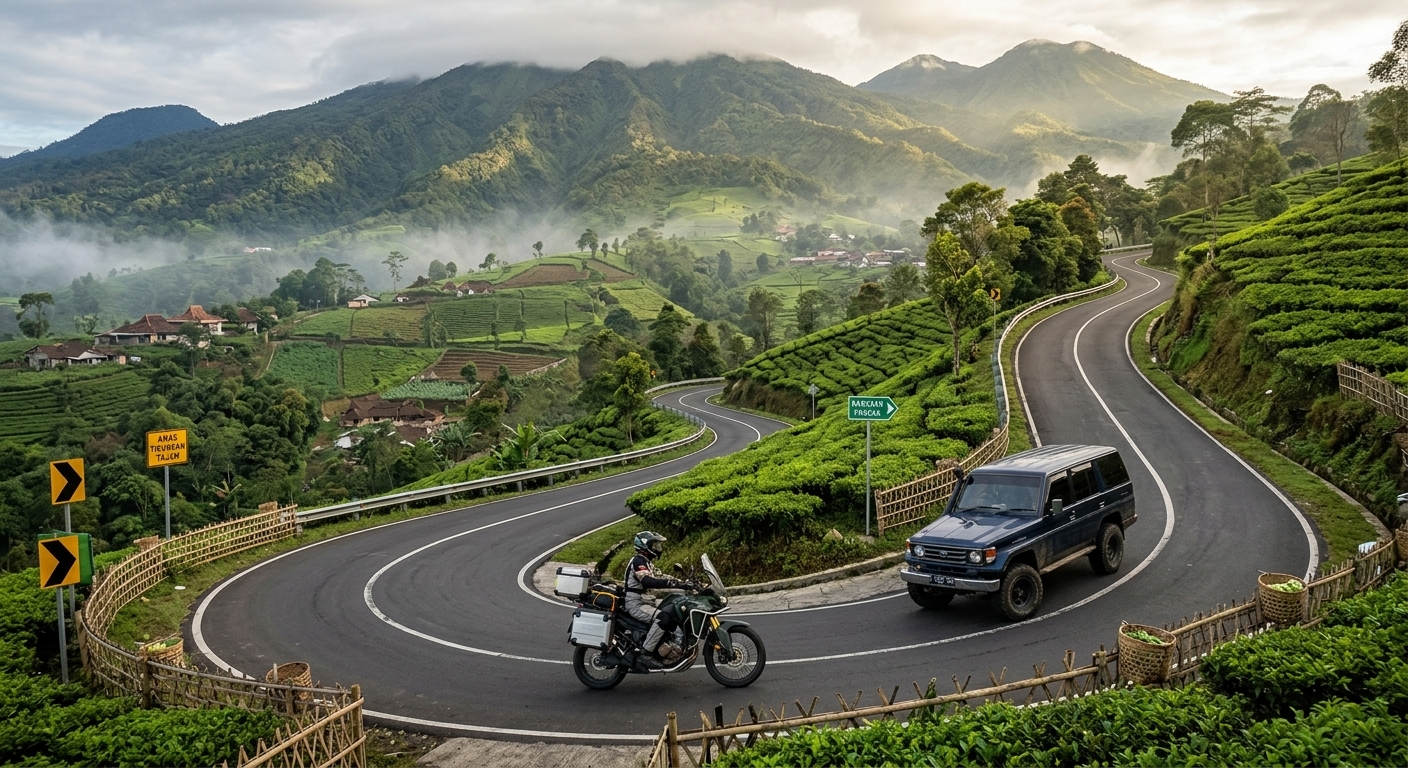 Motor touring dan mobil yang melintasi jalan berkelok menuju kawasan pegunungan.