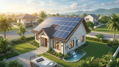 Panel surya PLTS Atap terpasang di atas bangunan untuk memanfaatkan energi matahari dan mengurangi penggunaan listrik dari sumber energi fosil.