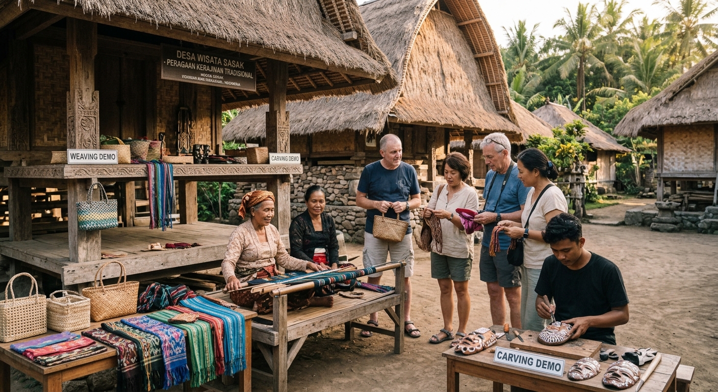 Suasana rumah adat di sebuah desa wisata dengan warga lokal yang sedang memperagakan kerajinan tradisional kepada wisatawan.