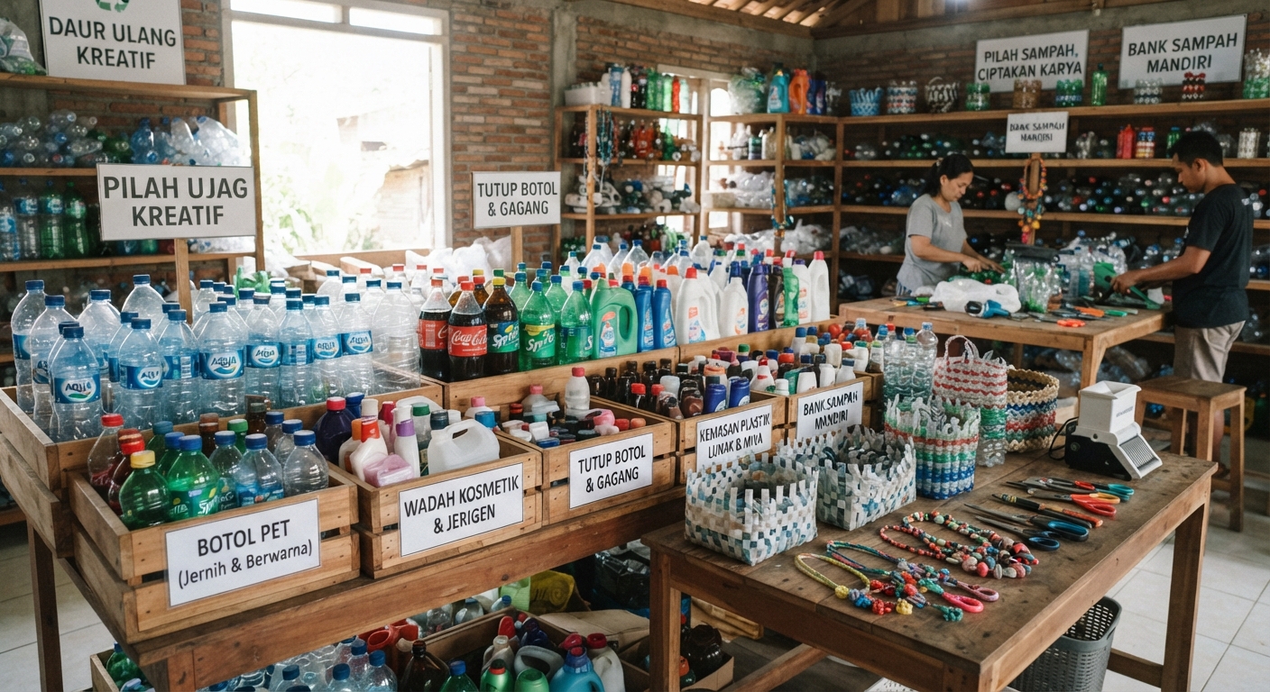 Berbagai botol dan kemasan plastik bekas yang telah dipilah untuk diolah menjadi kerajinan dan bahan daur ulang.
