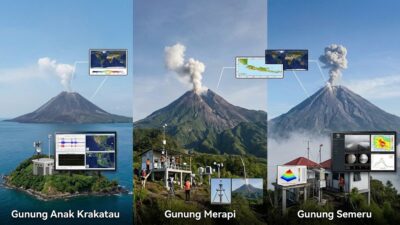 Gunung Anak Krakatau, Gunung Merapi, dan Gunung Semeru yang aktivitas vulkaniknya dipantau PVMBG.